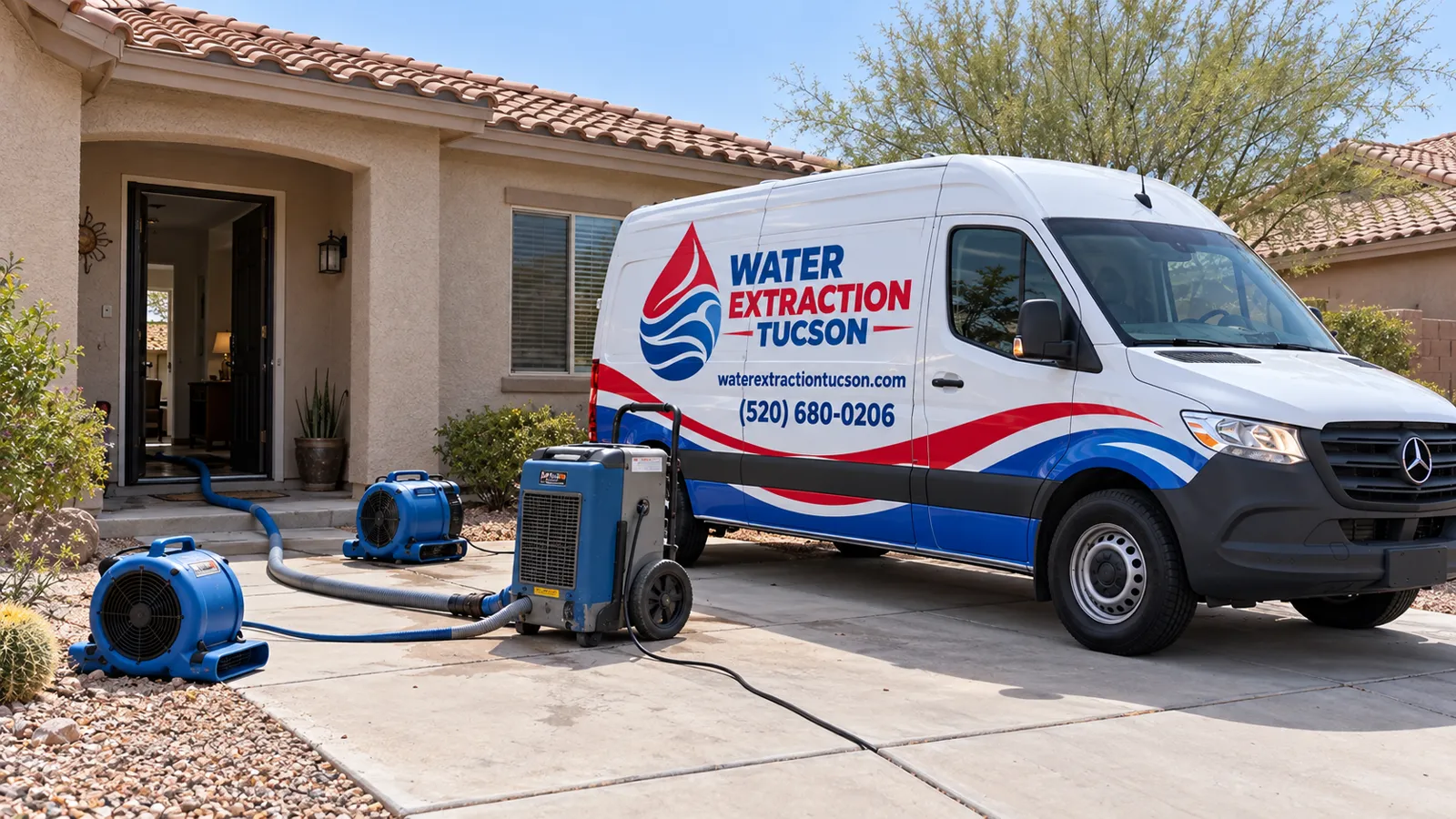 Water Extraction Tucson van and drying equipment outside a Tucson home